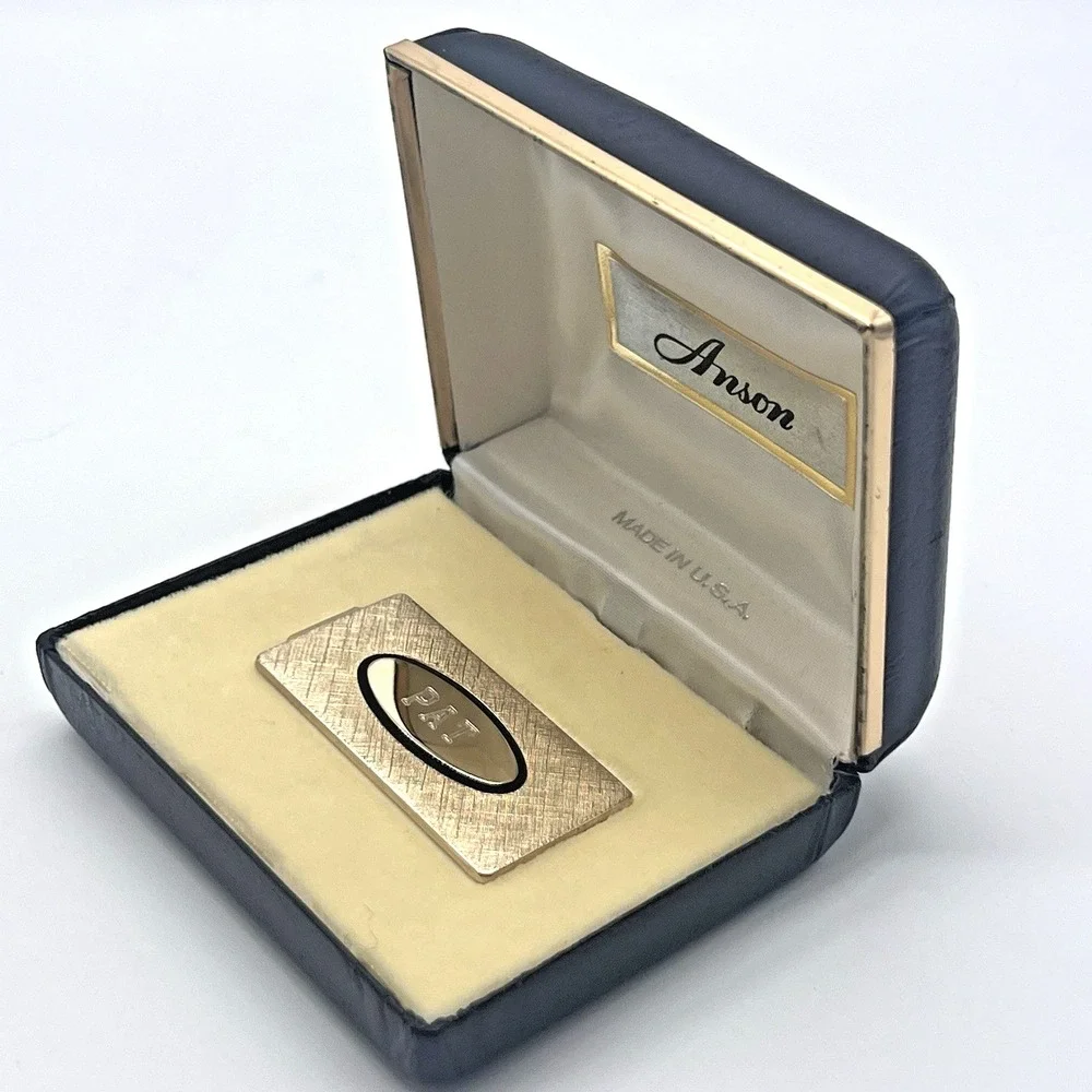 Vintage Anson Money Clip Gold Tone PAT Monogram Textured Finish W/ Original Box